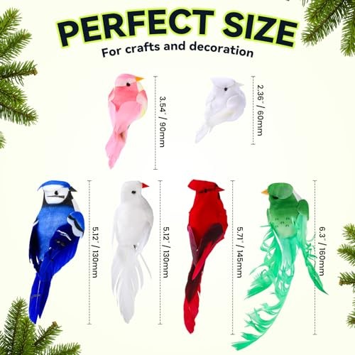 6pcs Realistic Artificial Birds with Real Feathers, Clip-on Christmas Tree
