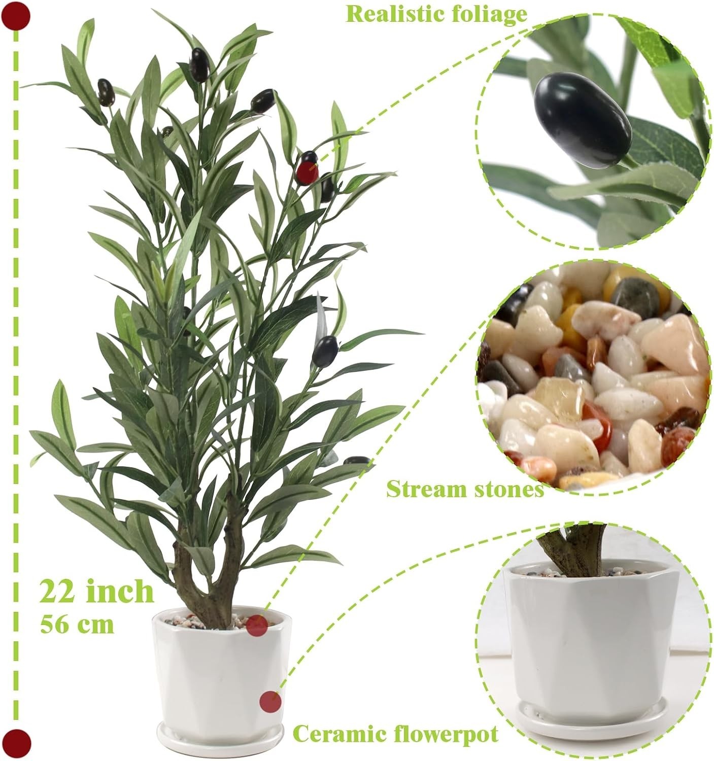 Fake Olive Tree with Pot Indoor, 22″ Artificial Olive Tree Stems Potted Green…