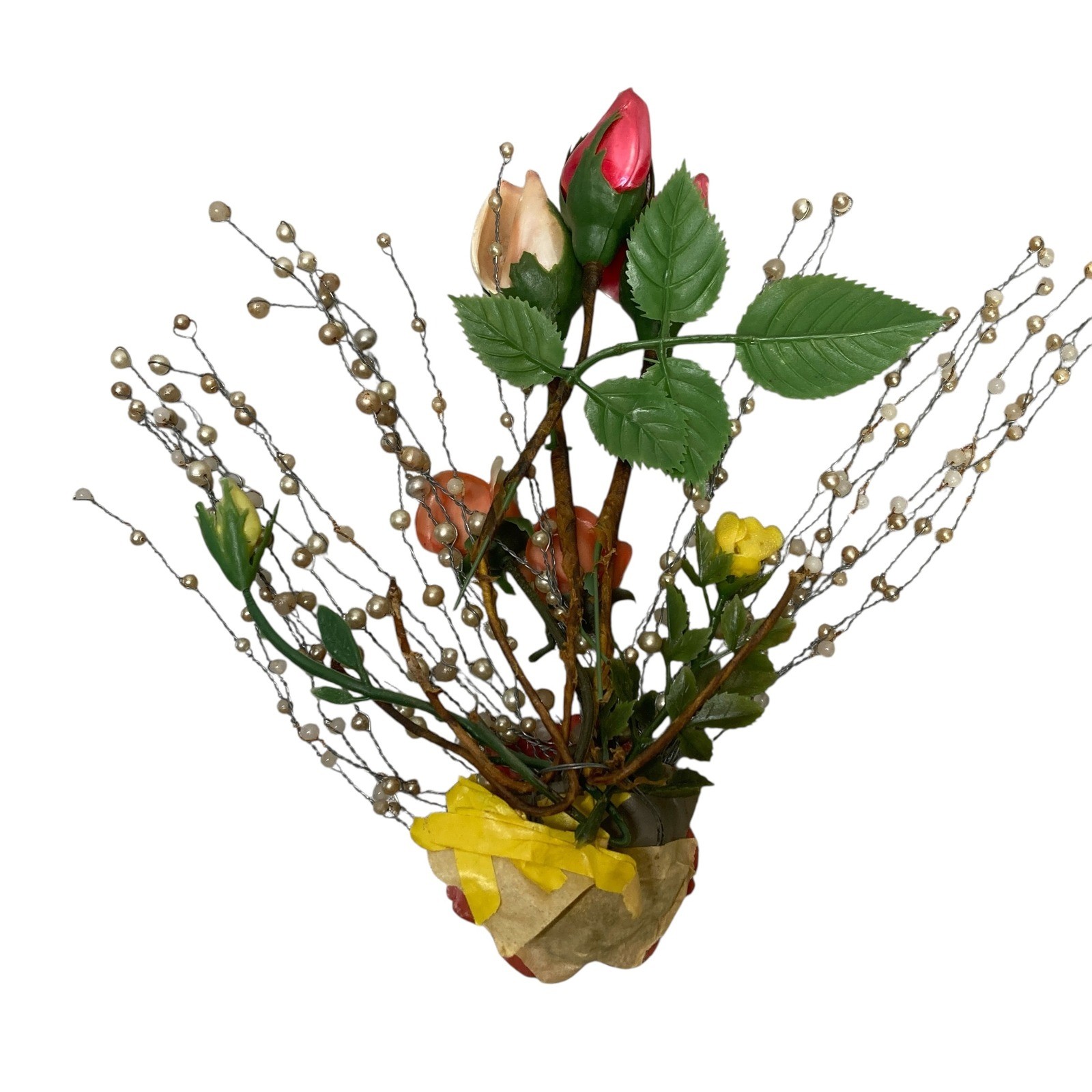 VTG Floral Arrangement Roses Pearl Beads Decorative Bouquet Display Handcrafted