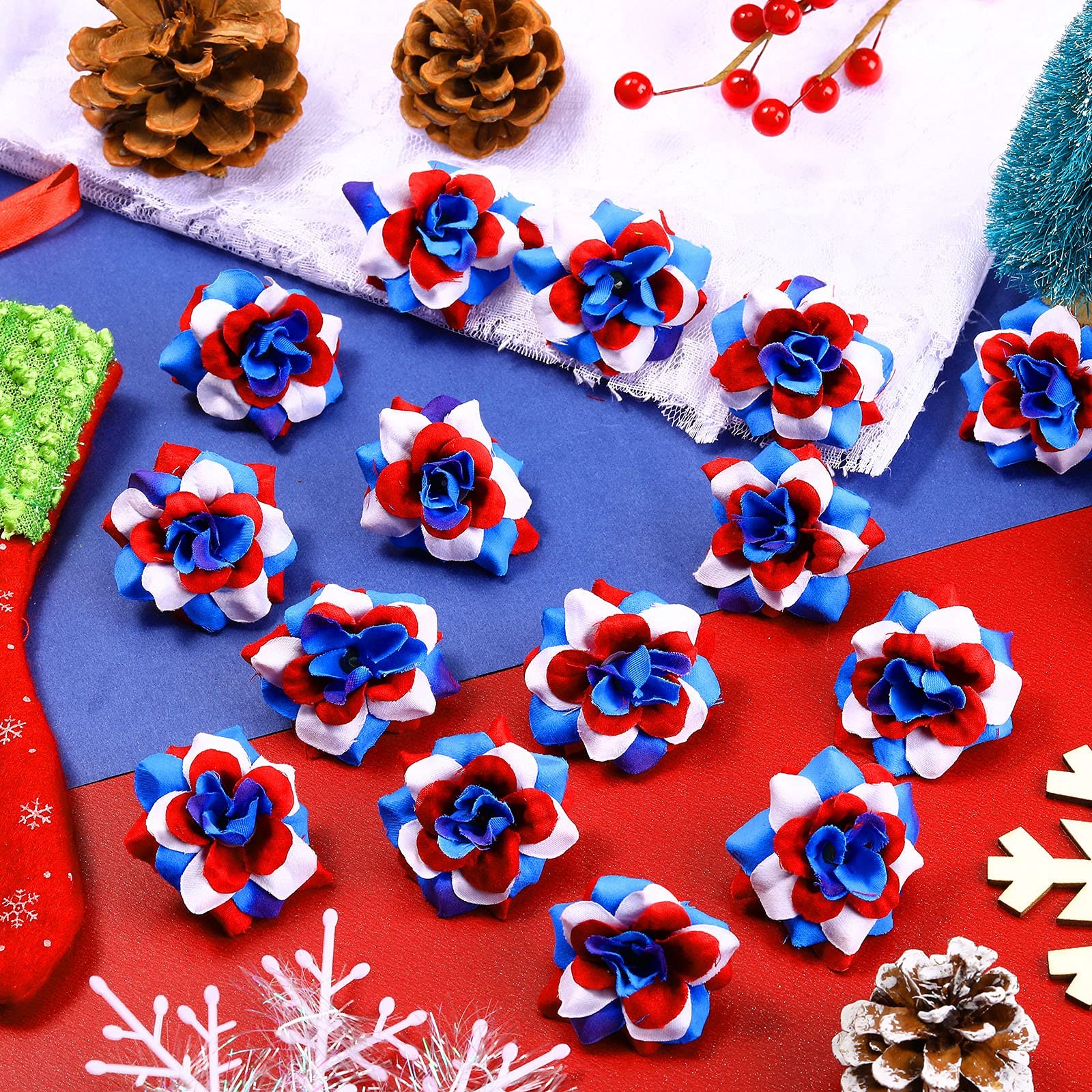 30 Pcs 1.8″ Mini Patriotic Roses Head 4th of July Artificial Flowers Red Whit…