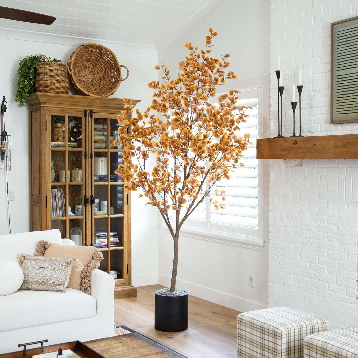 9FT Faux Autumn Eucalyptus Tree in Black Planter for Home & Office Décor