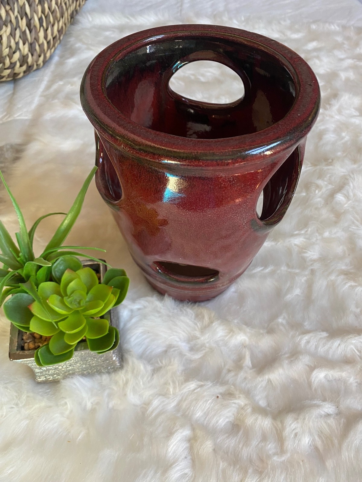 Red Ceramic Planter Pot with Multiple Side Openings and Drainage Hole