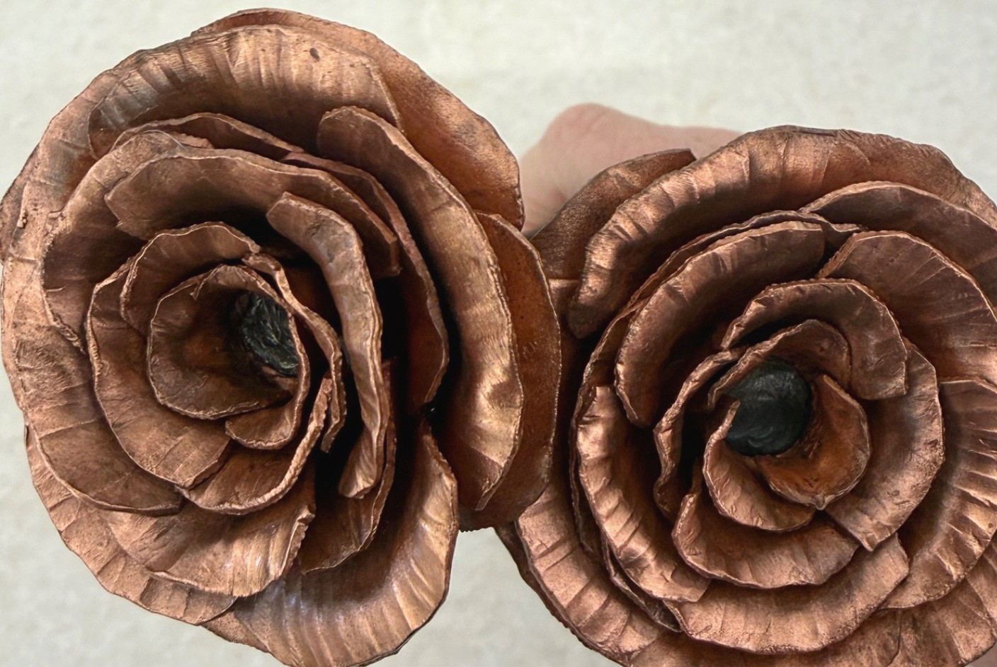 Copper-Tone Metal Rose Sculpture Pair 7” 9” Handcrafted Floral Decor