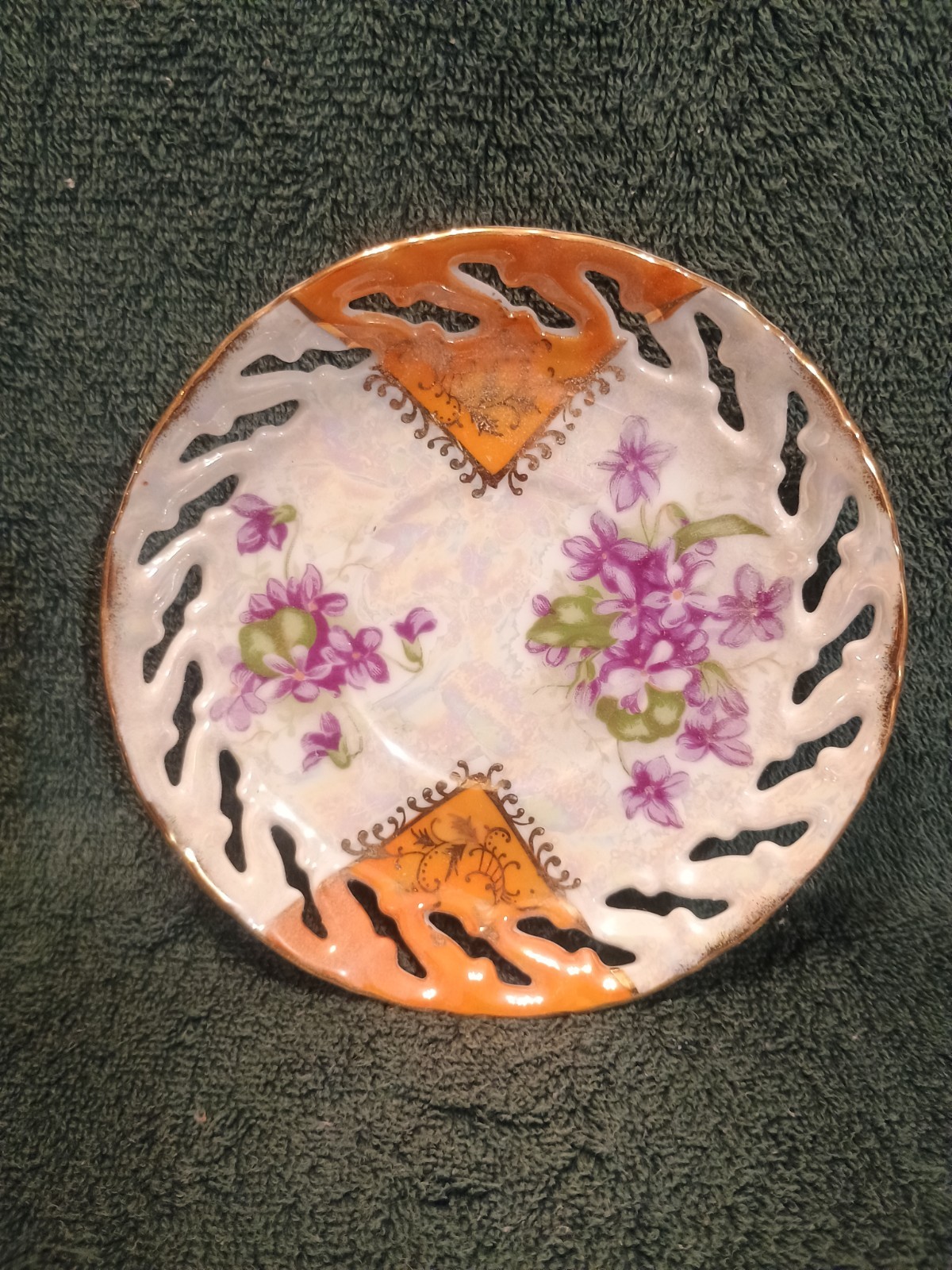 Purple Flowers With Orange And Gold Trim. Cut Out Saucer