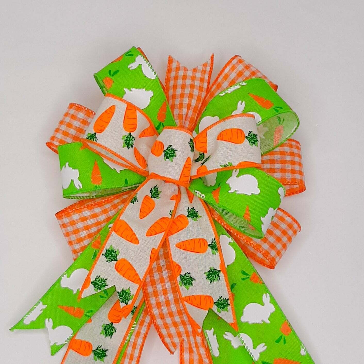 Easter Bow, Green Linen with White Bunny, Orange Check Print, Carrot Print