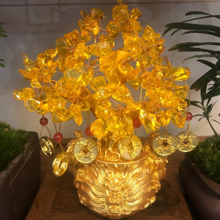 BAEKZ Crystal Bonsai Citrine Tree Money Feng Shui 6in, Gold Color