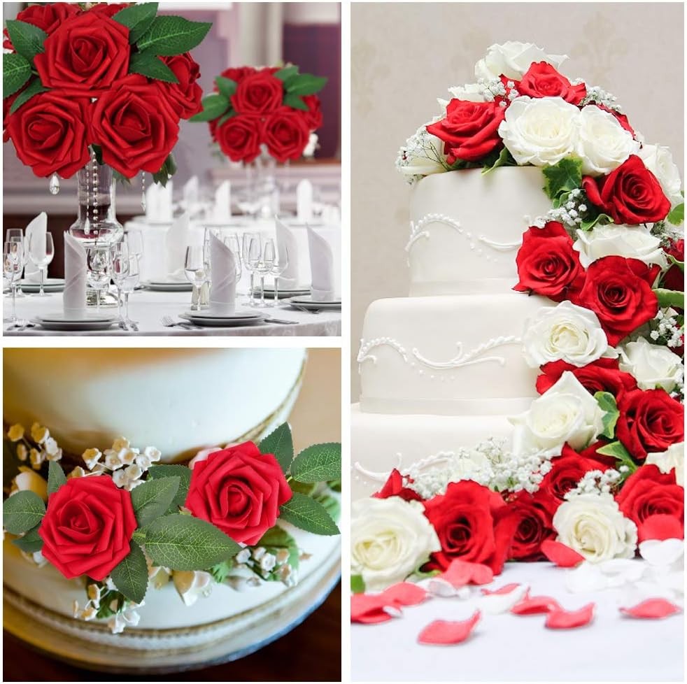 AmyHomie Artificial Flowers Dark Red Rose 50pcs Real Looking Fake Roses w/Stem f
