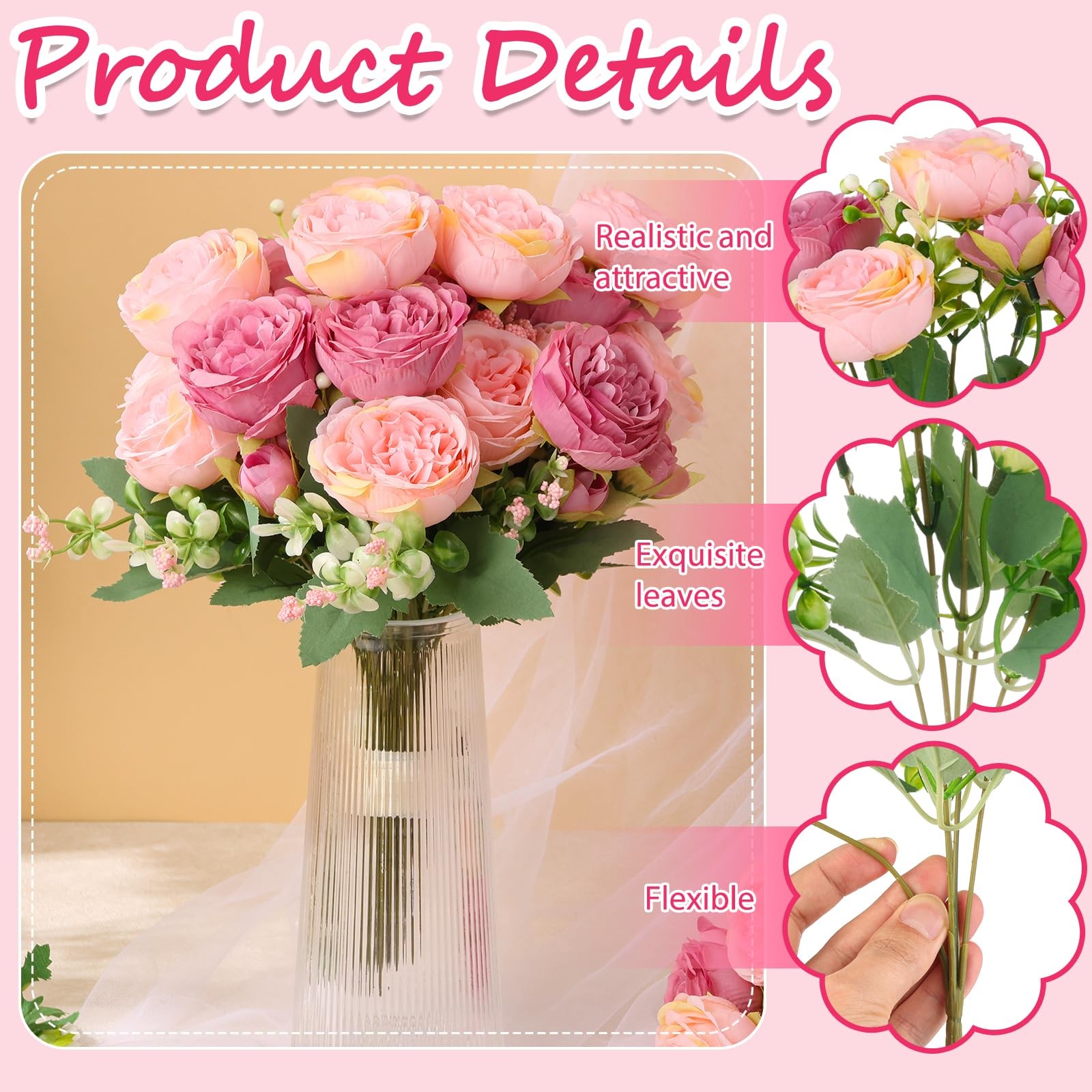 12 PCS Pink Artificial Peony Flowers Silk Fake Bridal Bouquet Home Centerpiece