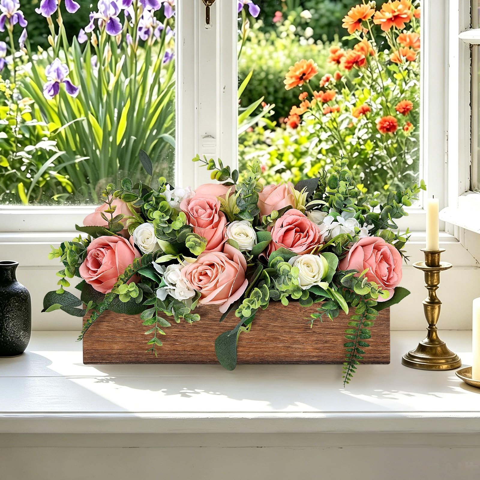Artificial Dusty Rose Pink Table Centerpieces Wood Tray White Cream Wedding