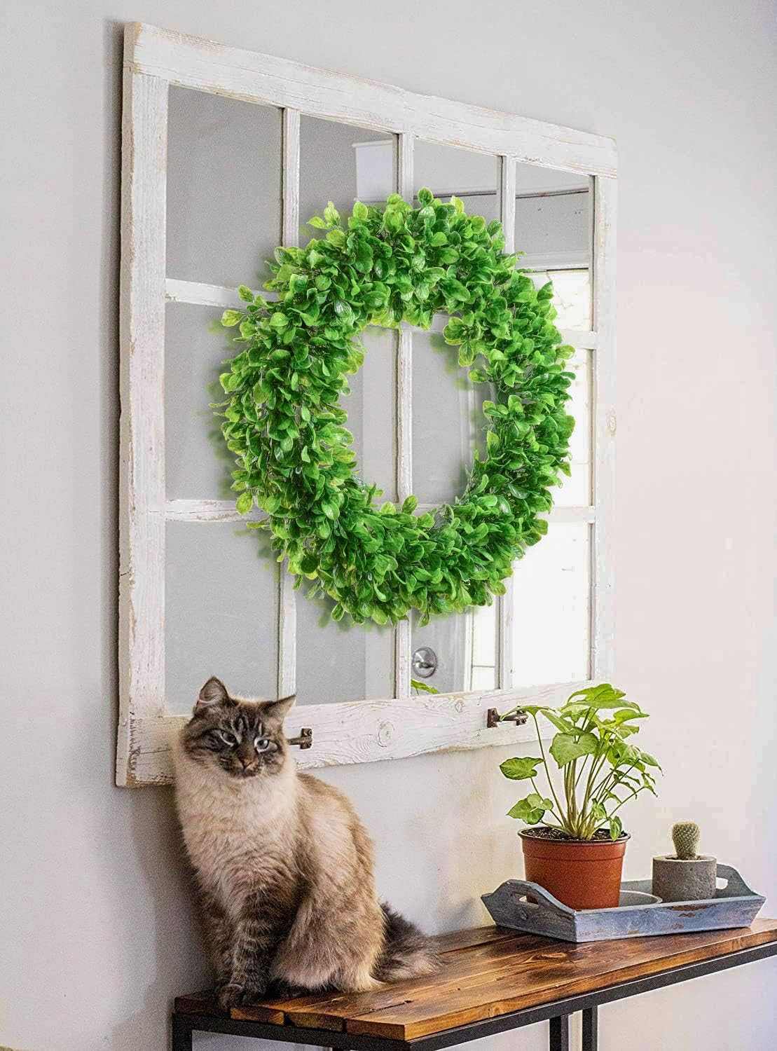 20″ Artificial Green Leaves Boxwood Wreath for Front Door Wall Farmhouse Decor