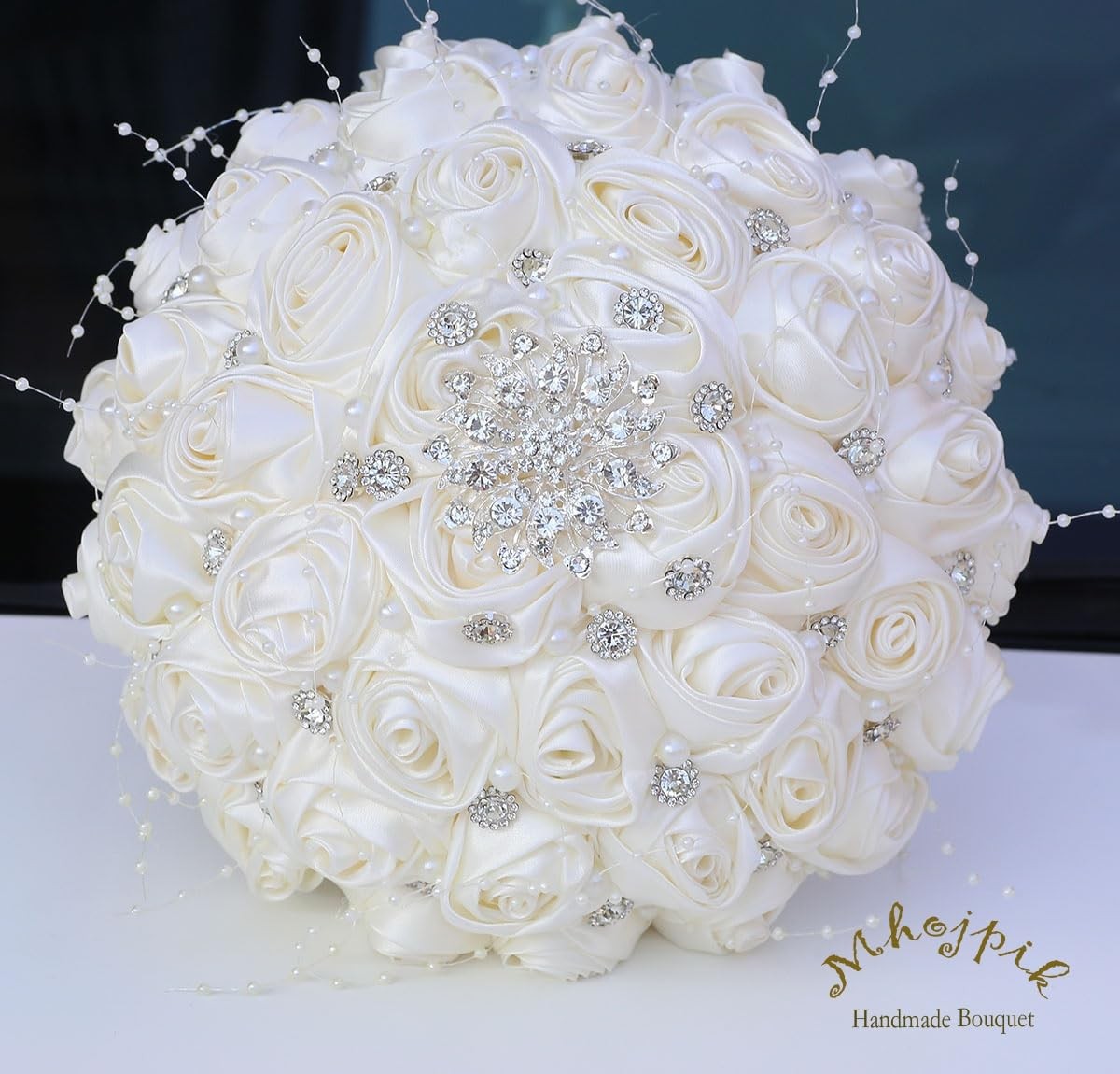 Bridal Wedding Bouquet Round Bling Brooch Holding Bouquet Artificial Rose Flo…