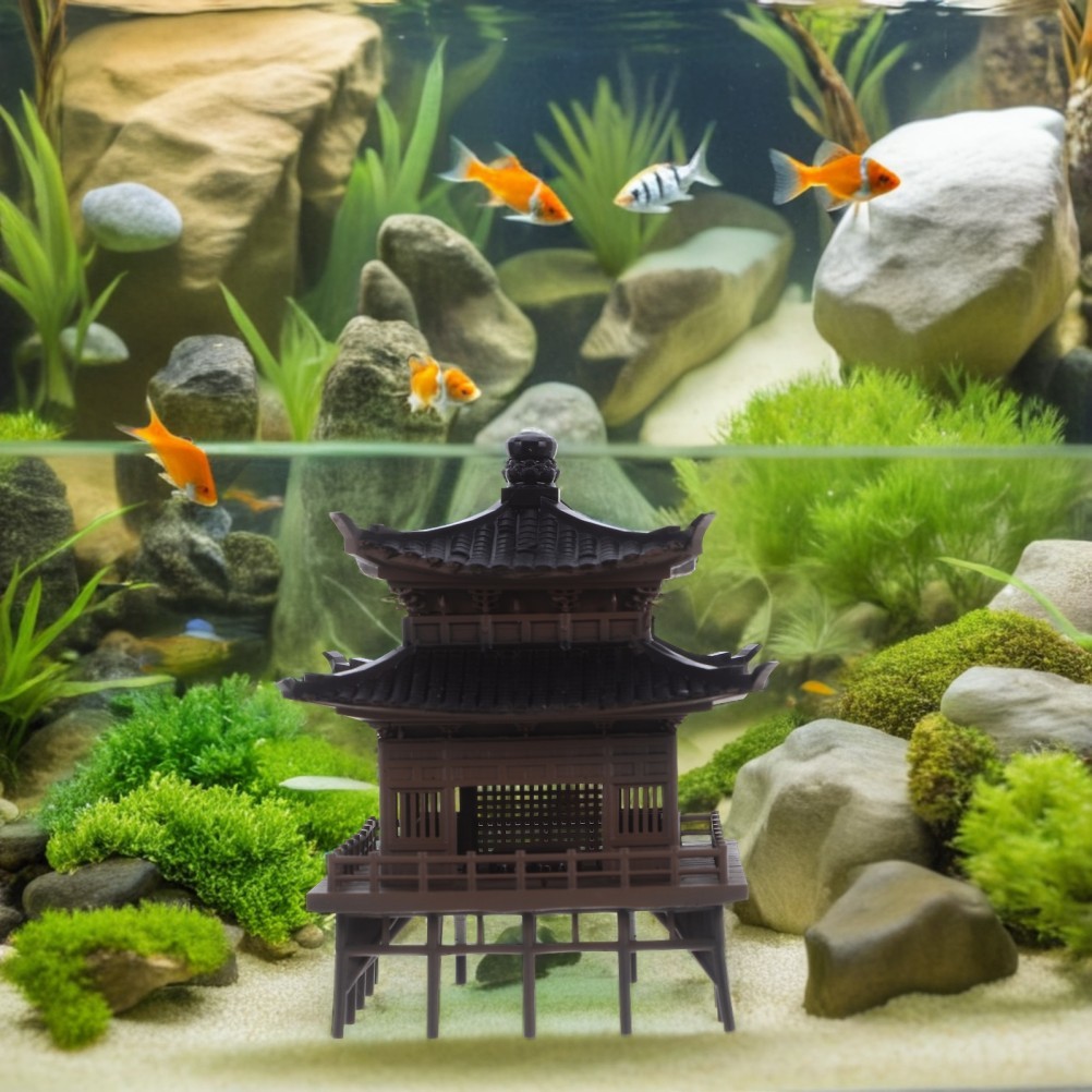 Light Brown Micro Landscape Pavilion Statue Plastic Decor for Home and Office
