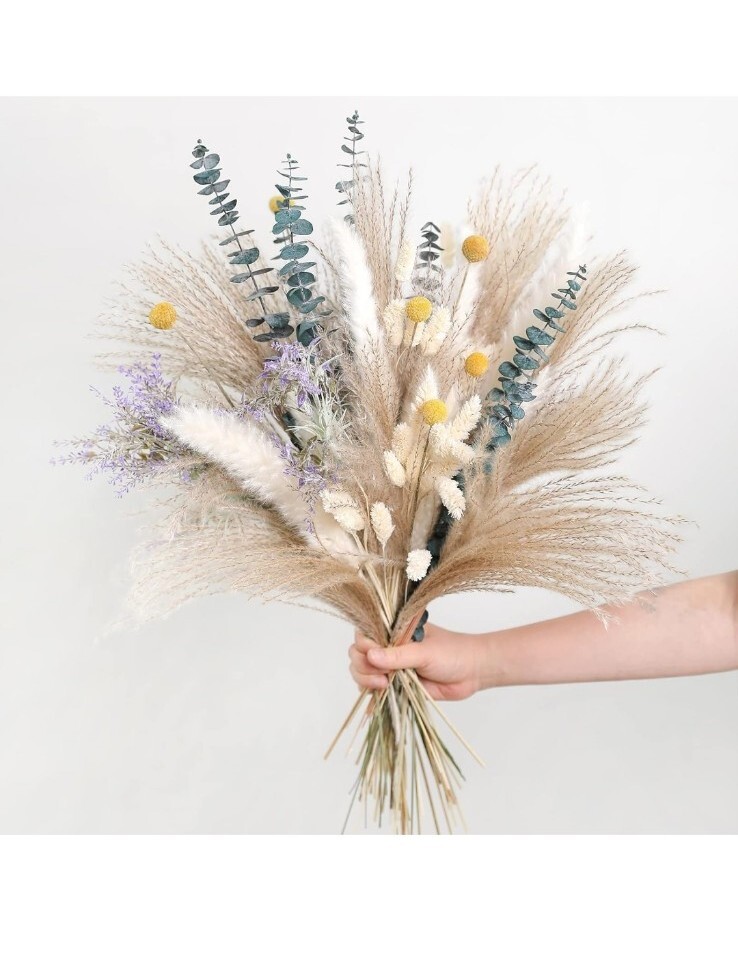 Natural Dried Pampas Eucalyptus Rabbit Tail Grass,(Pack of Natural，green，white