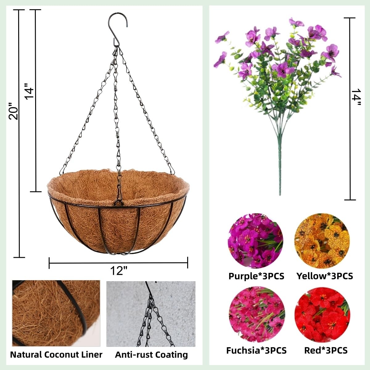 Artificial Flowers Hanging Basket for Outdoor Decoration UV Resistant Silk Fl…