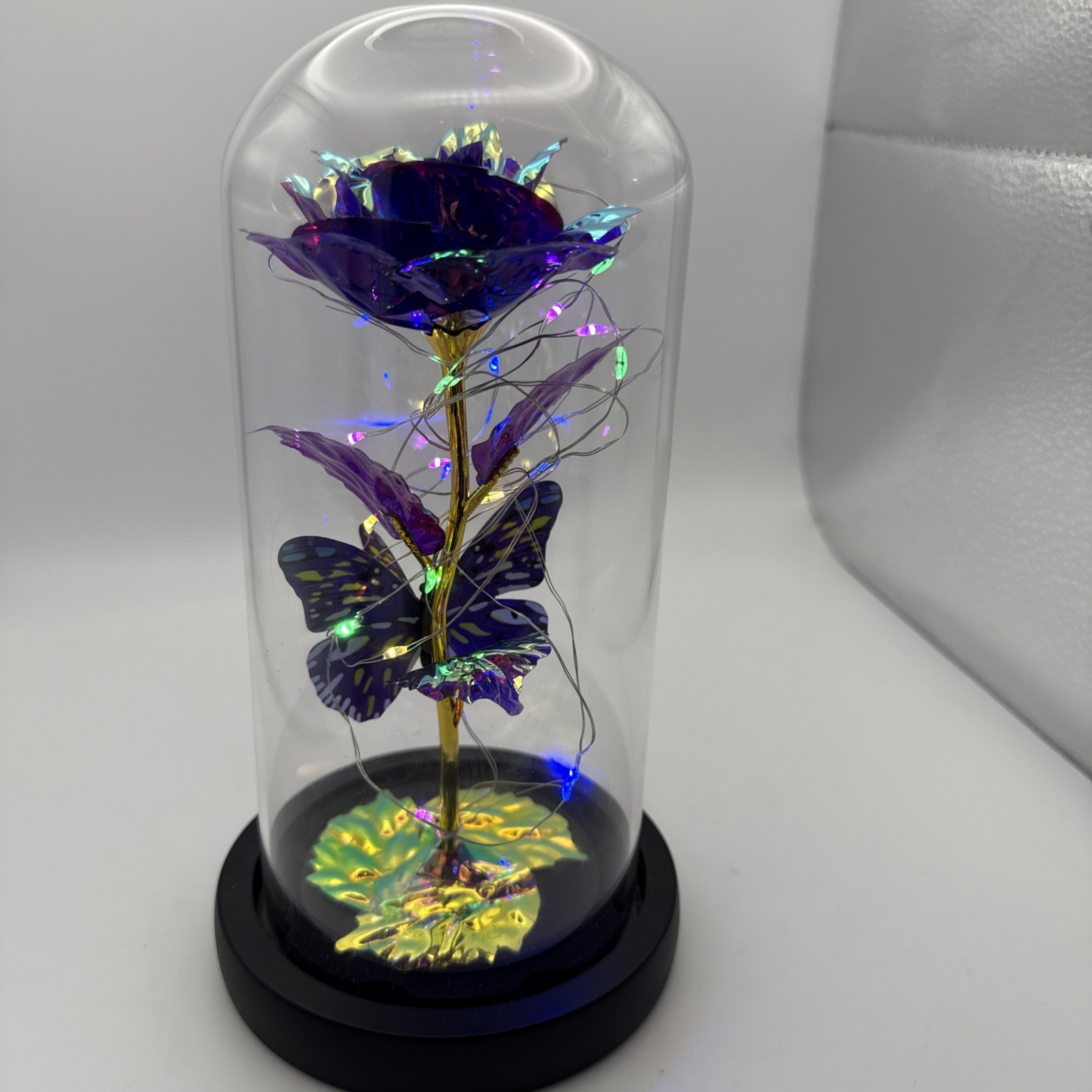 Purple Rose Flower & Butterfly in Glass Dome Cloche LED Lighted Floral Display
