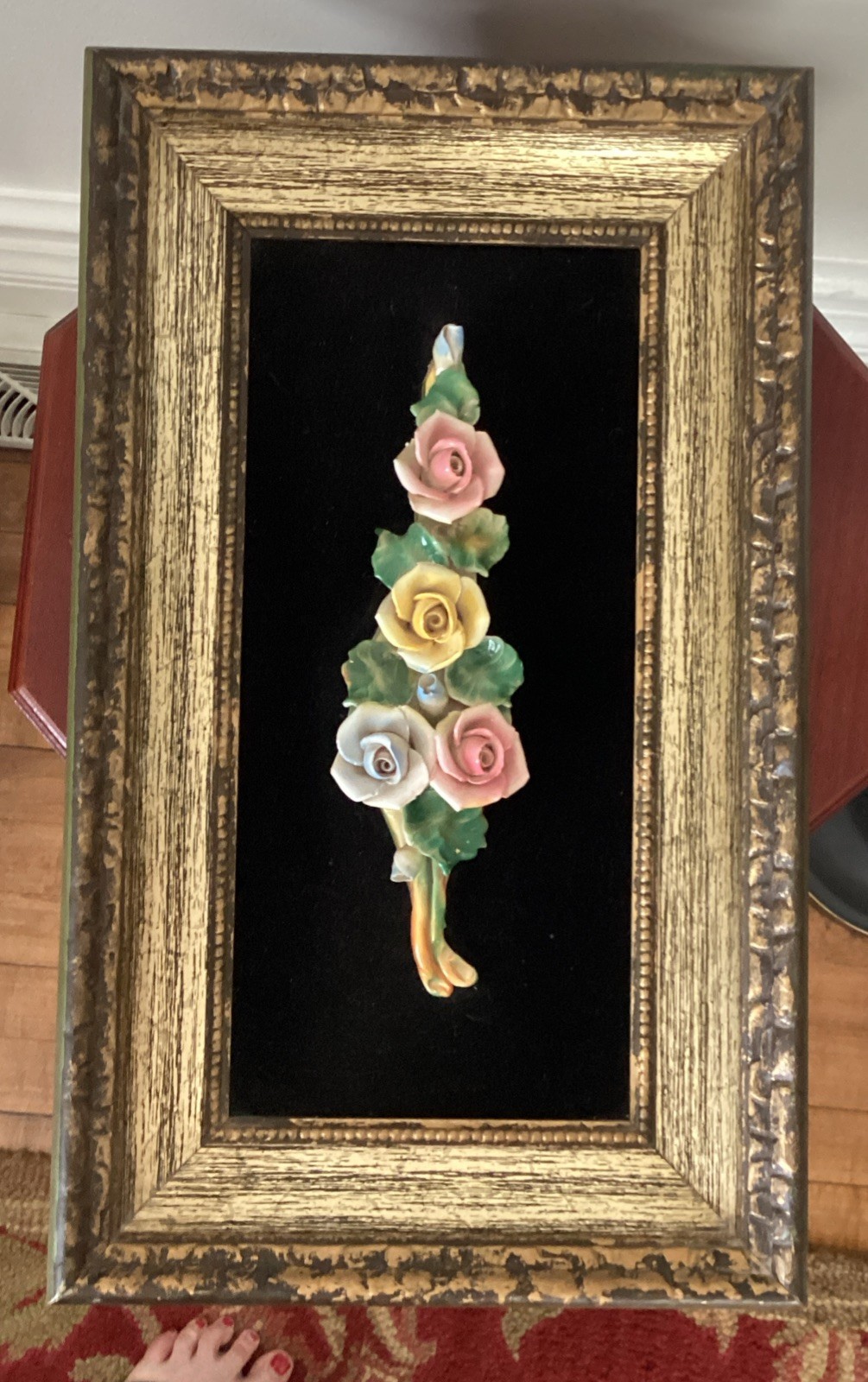 Vintage Capodimonte Italian Porcelain Rose Ornate 3D Framed MCM Art