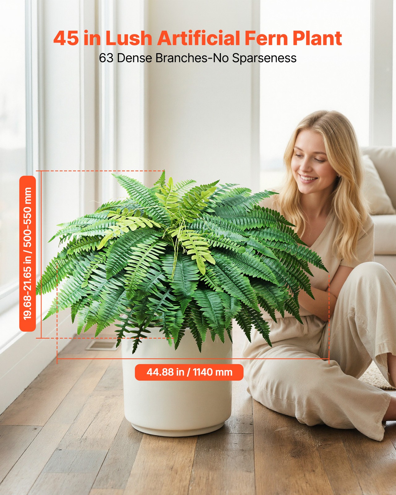 VEVOR 45″ Artificial Ferns Fake Boston Bush 63 Fronds for Outdoor Decor 2 Pack