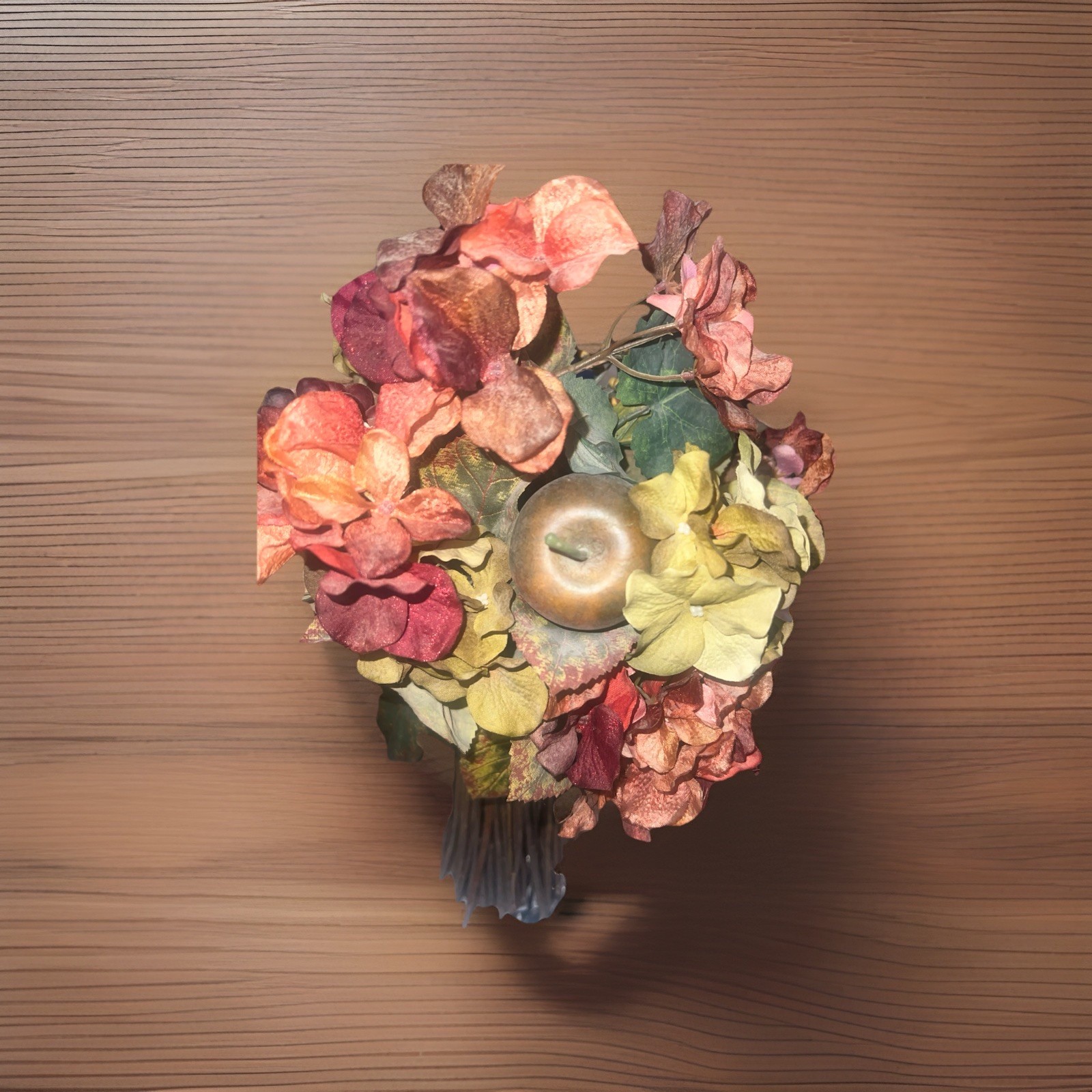Artificial Hydrangea Bouquet w/Stick Style Vase, Mix Of Cream, Burgundy, & Green