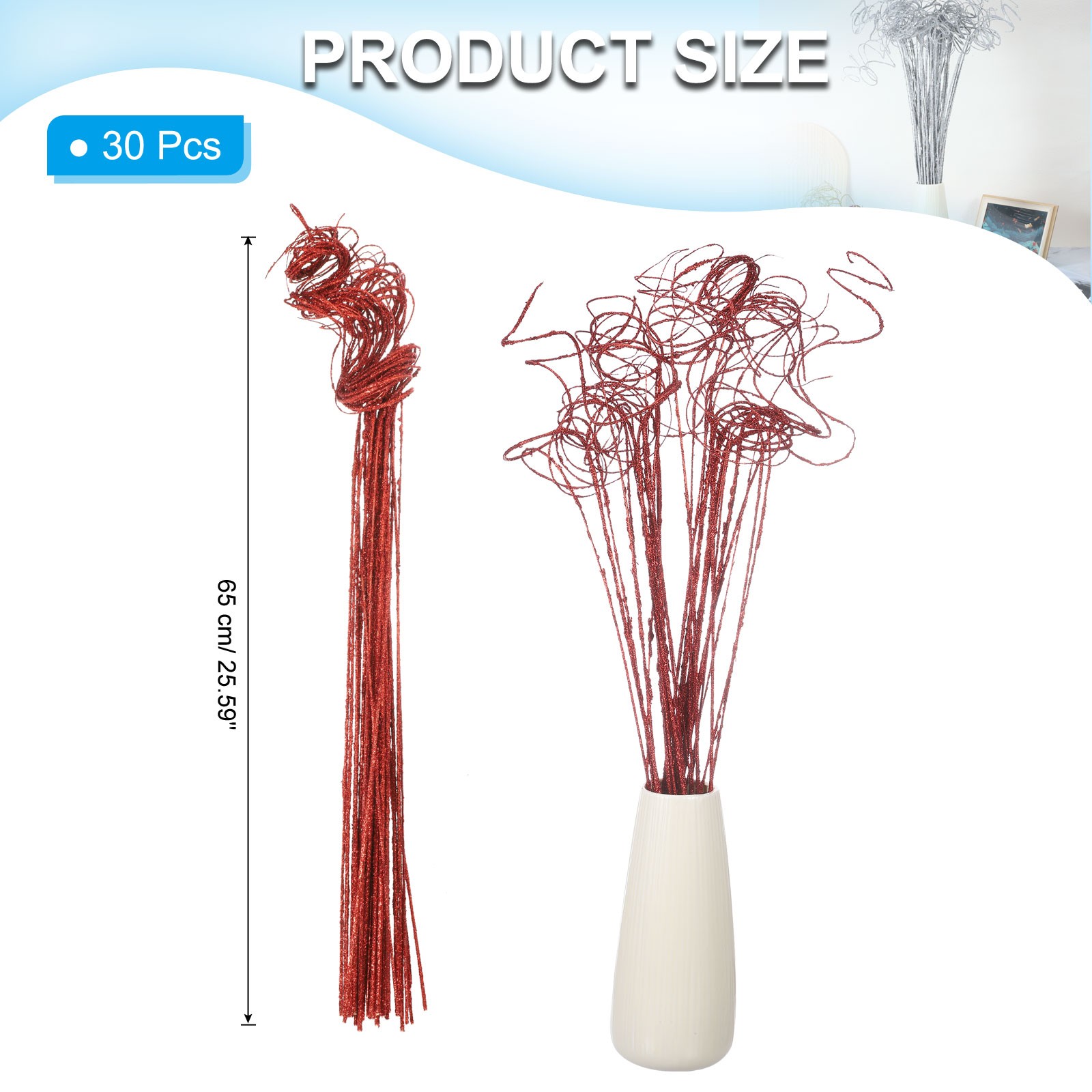 30 Pcs Glitter Dried Curly Willow Branches Natural Branches Twigs, Red