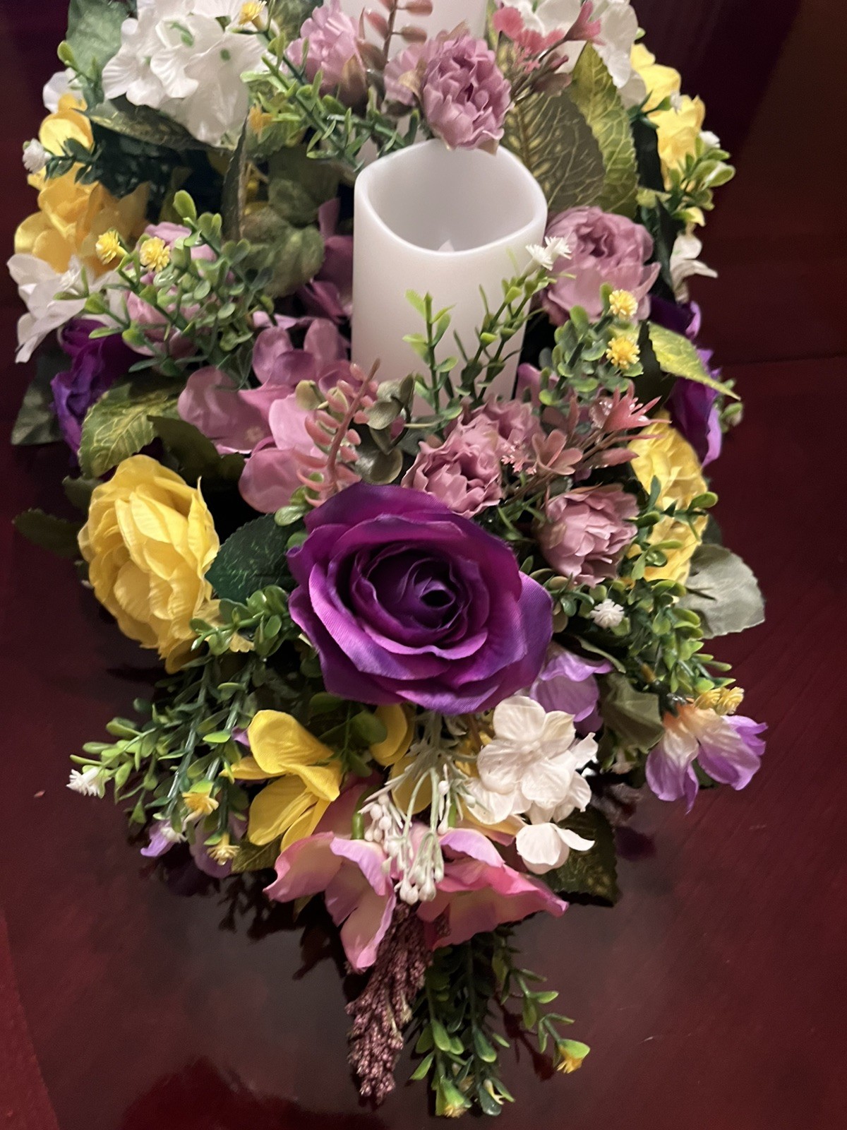 Purple Hydrangea And Roses Floral Arrangement Purple Pillar Candle Centerpiece
