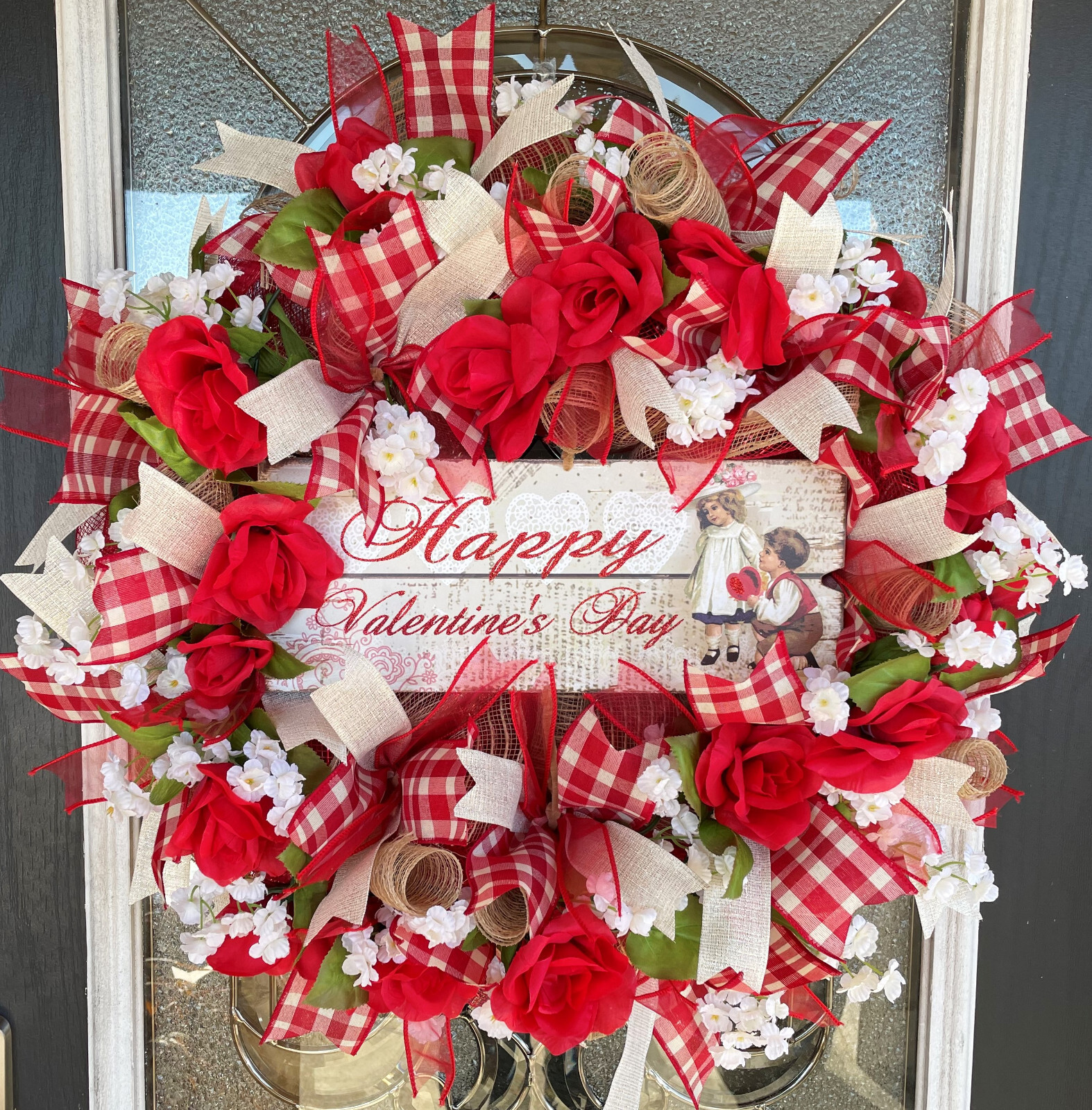 Romantic Vintage Style Happy Valentine’s Day Mesh Wreath Home Decor Decoration