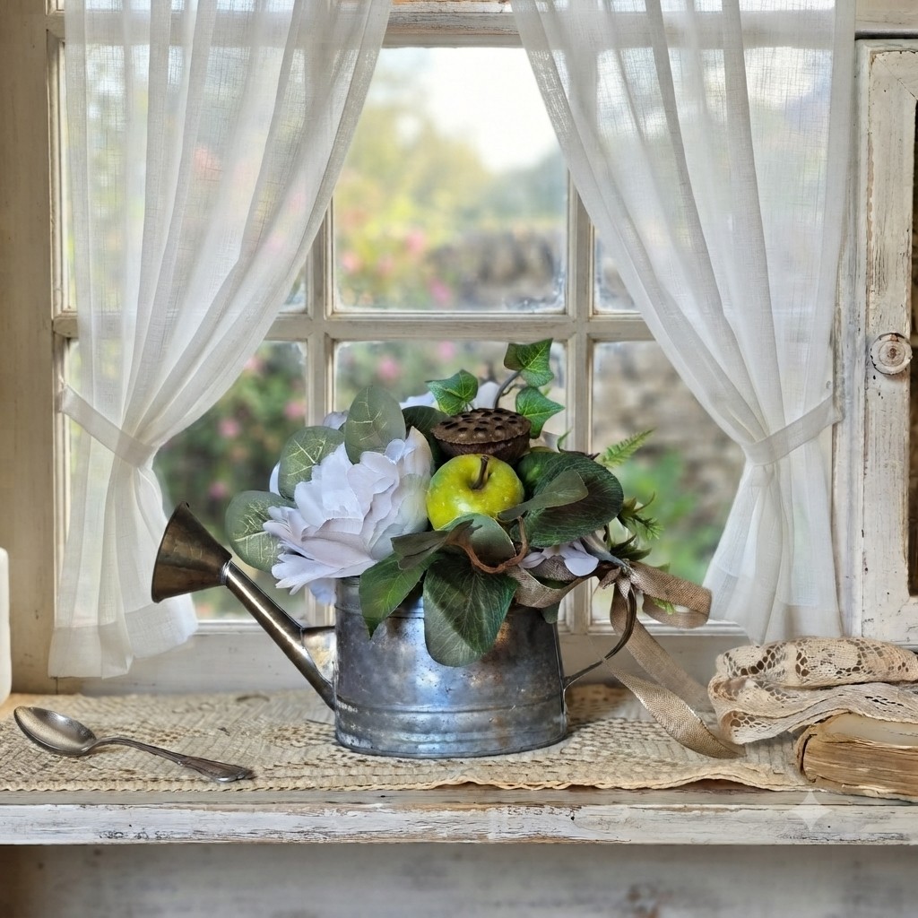 Floral Centerpiece, Vintage Metal Watering Can Cottagecore Faux Flowers