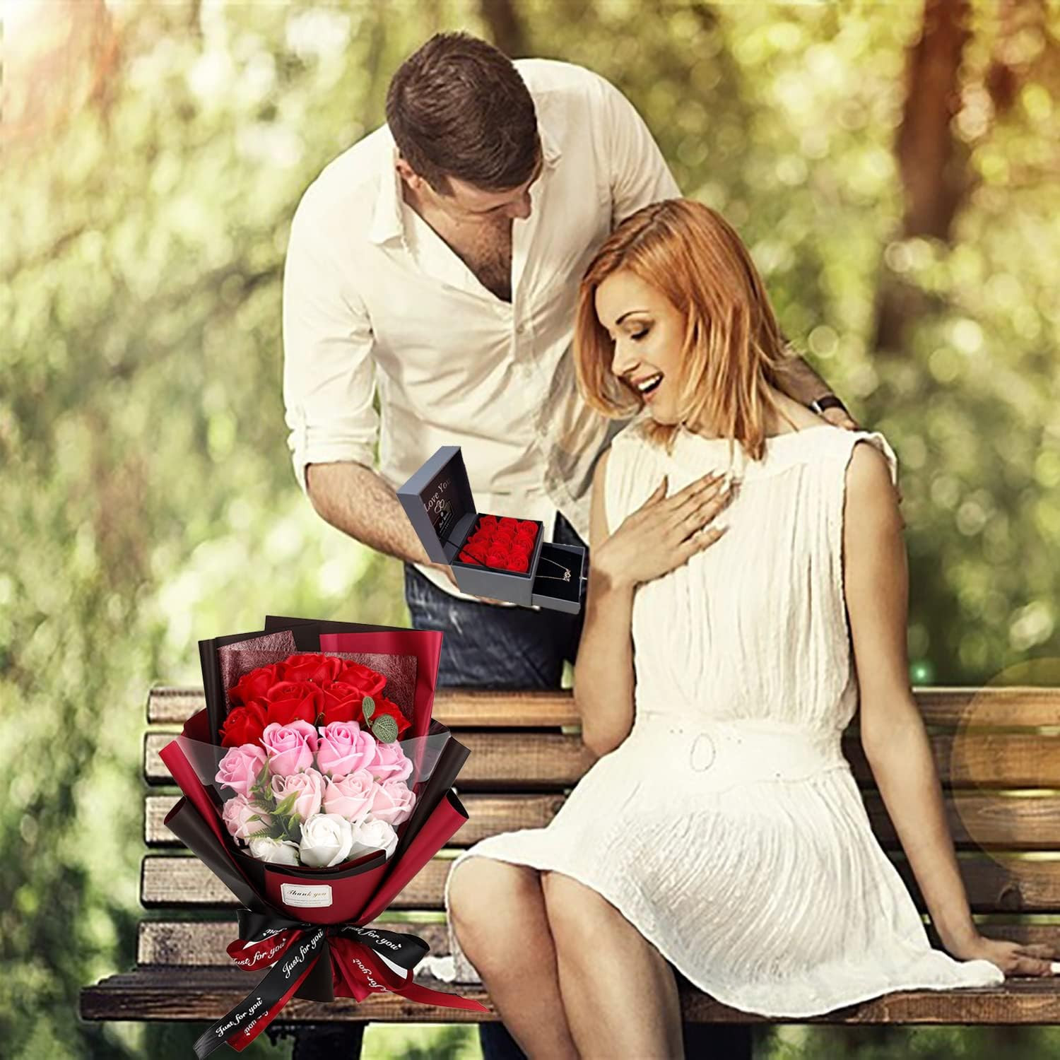 Roses Bouquet Artificial Flower – Preserved Red Rose Flowers with Love Necklace