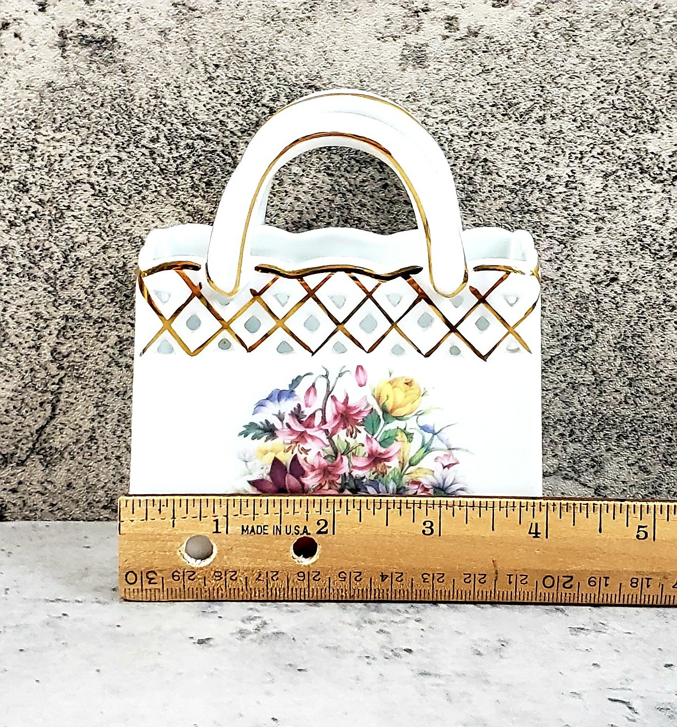 Herman Dodge Ceramic Purse Vase 4.75″ w Faux Flowers Old World Collection