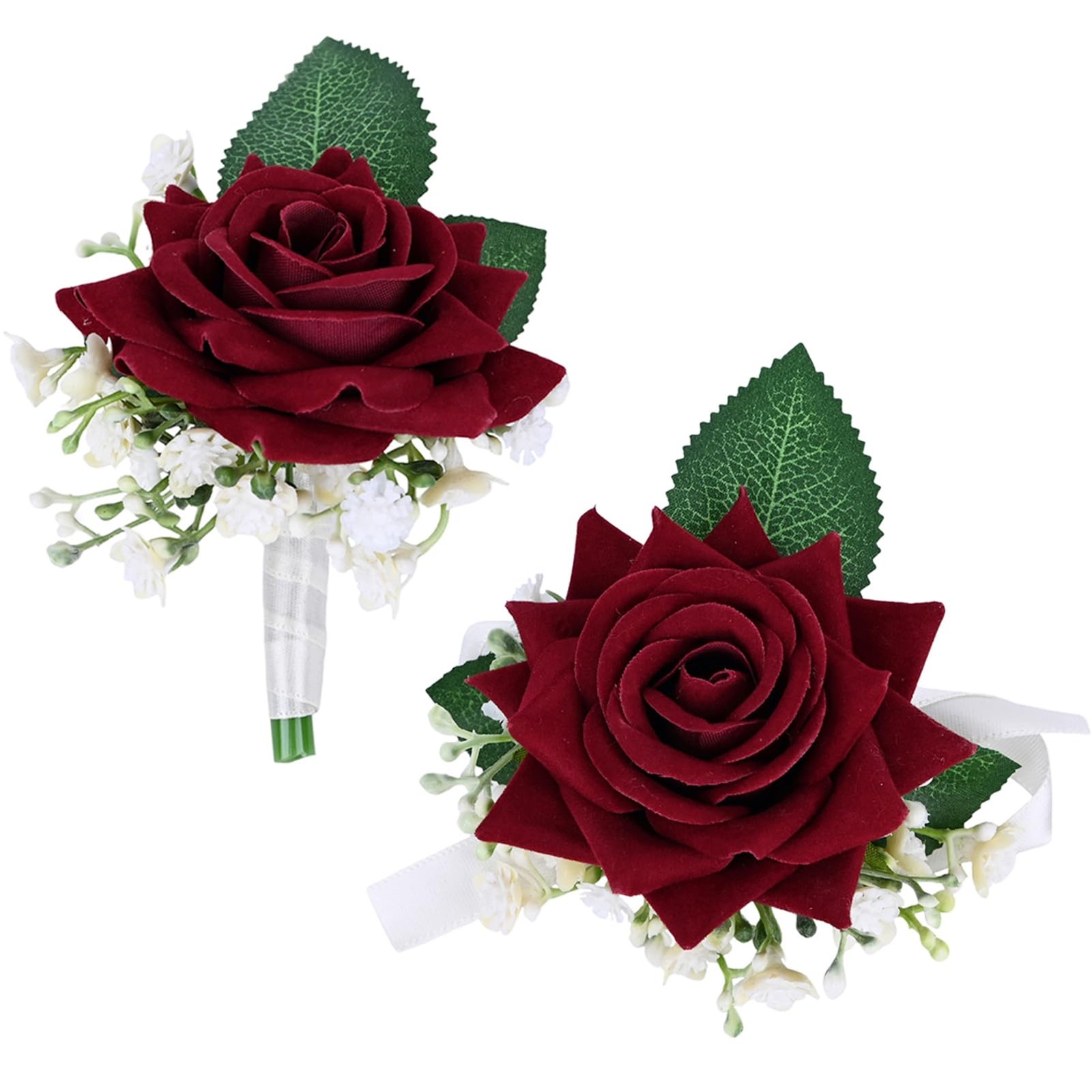 2 Pieces Boutonniere Wrist Corsage Set Artificial Rose Flowers Burgundy White
