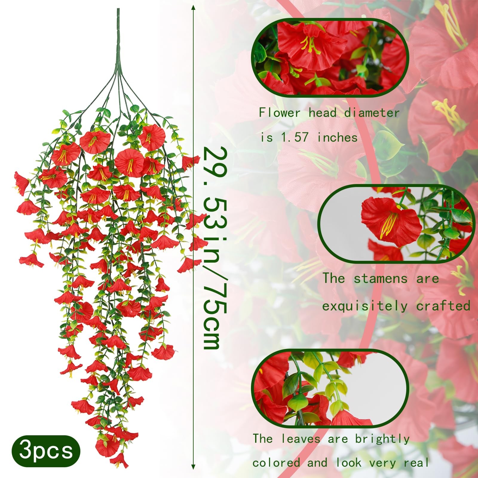 3 Pcs Artificial Hanging Flowers for Outdoors Morning Glory Spring Summer Decor