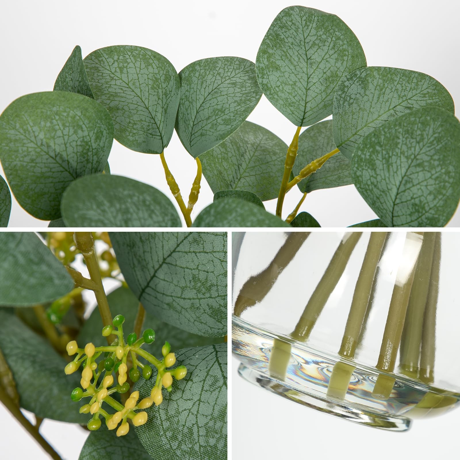 Artificial Eucalyptus Stems in Glass Vase with Faux Water, 13″ Fake Plant Euc…