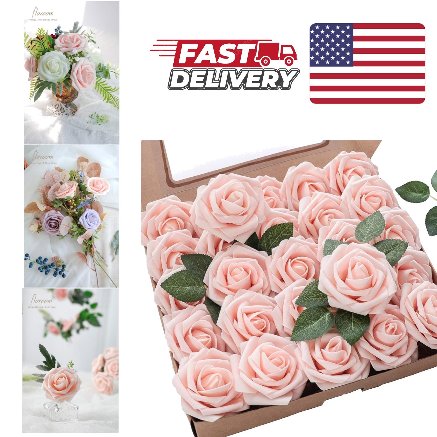 50pcs Blush Foam Roses with 16 Leaves for Wedding and Event Floral Arrangements