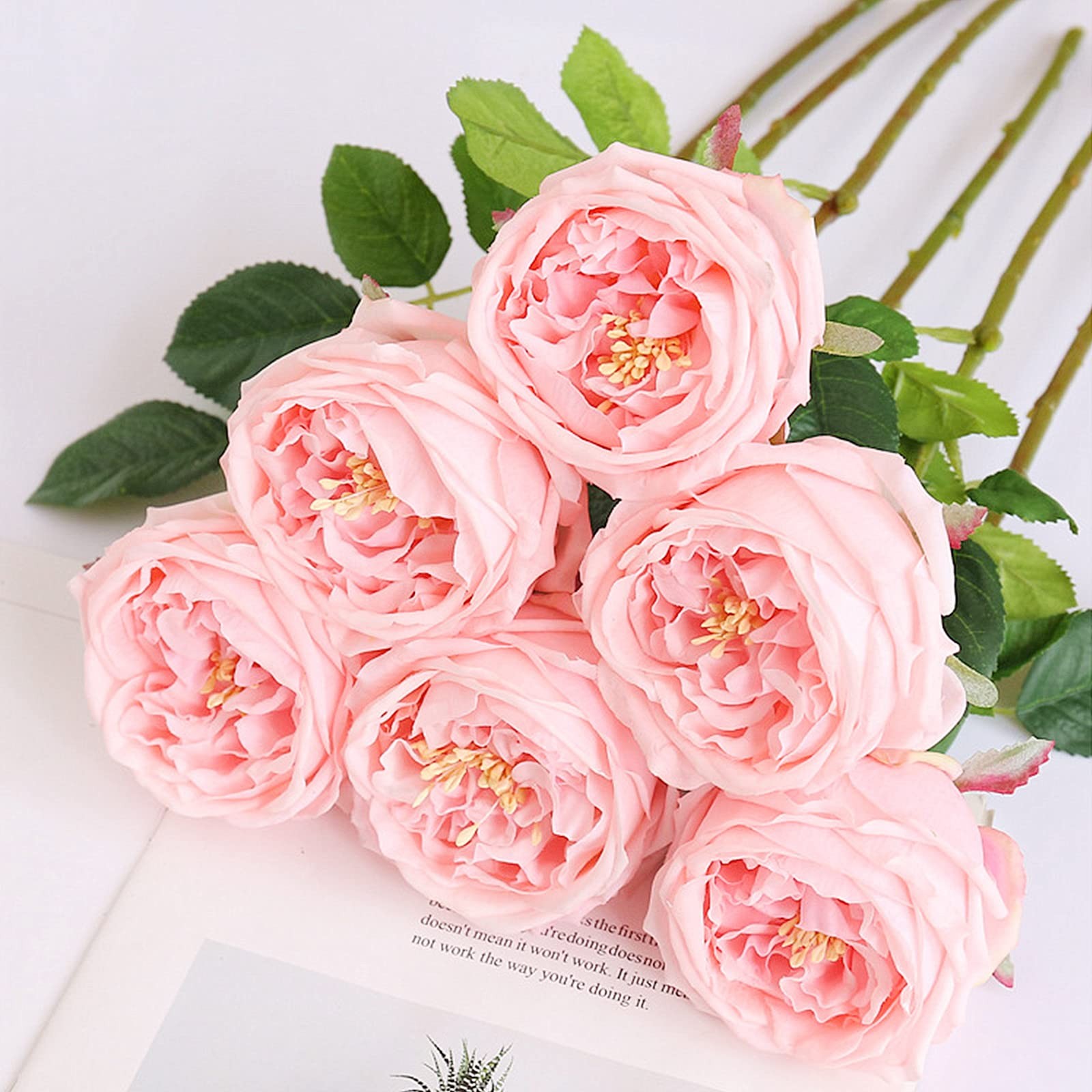 Pink Austin Roses Wedding Bouquet 4 Pcs Real Touch Latex Artificial Flowers f…