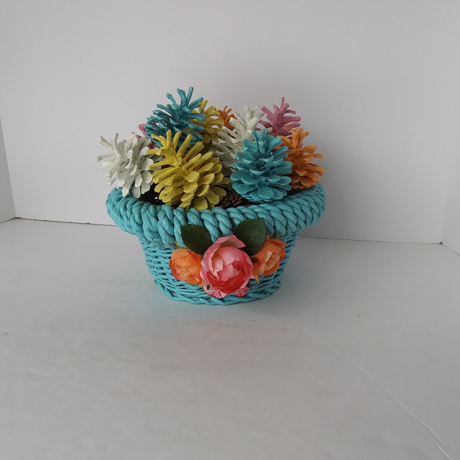 Colorful Pinecone Floral Basket Arrangement Teal Woven Pot Spring Decor Reversib
