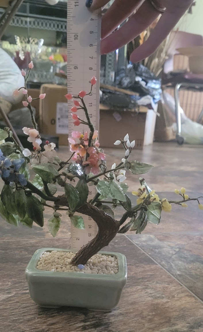 Vintage Chinese Glass Jade Bonsai Tree Celadon Pot Multi Color Flower Marked 9″