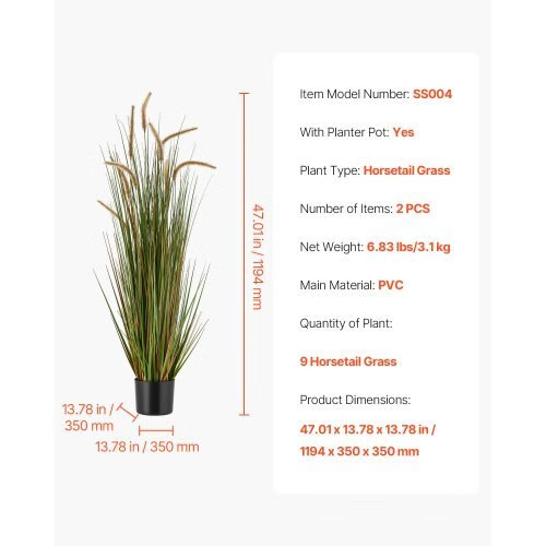Artificial Grass Plant, 2 Pack 47 inch Horsetail Reed Grass in Pot, Premium PVC