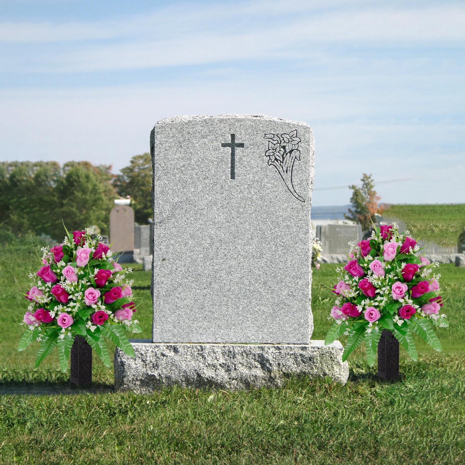 2 Sets Realistic Purple & Pink Artificial Cemetery Flowers – Outdoor Grave Decor