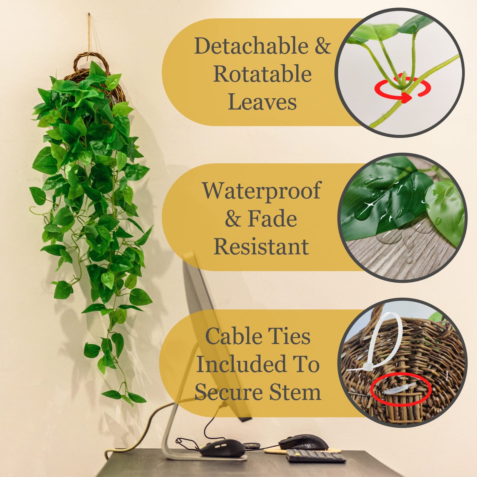 2 Pack Artificial Hanging Vines Faux Pothos Ivy Plants 3 Foot Outdoor Indoor Wal