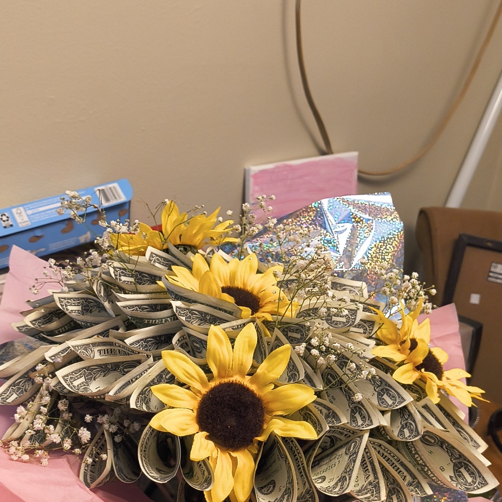 Sunflower REAL money flower bouquet decoratively wrapped with 70 real $1 bills