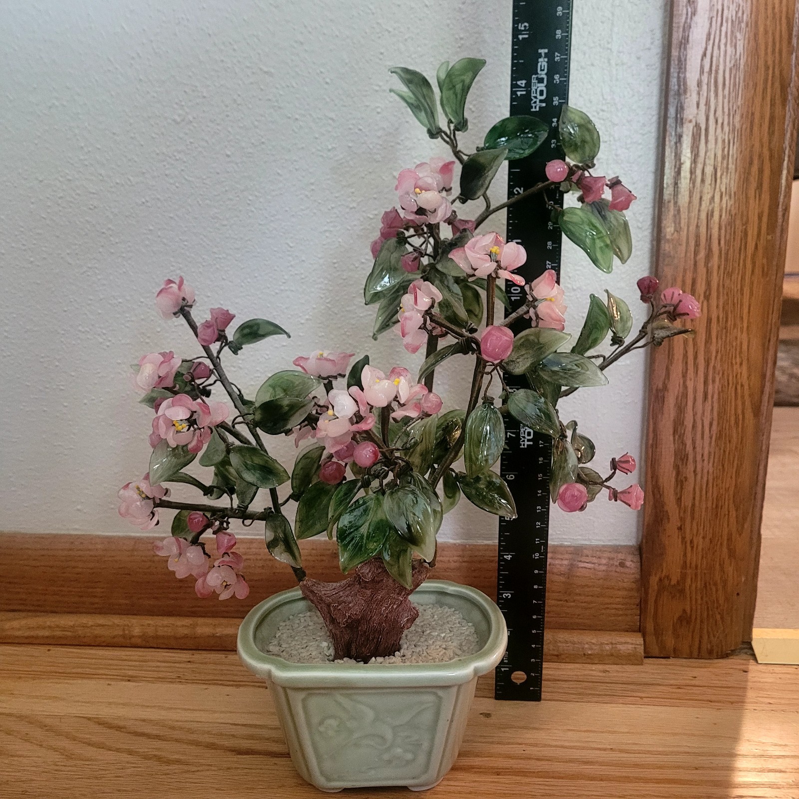 Vintage Chinese Glass Stone Jade Cherry Blossom Bonsai Tree Pink Flowers 14″