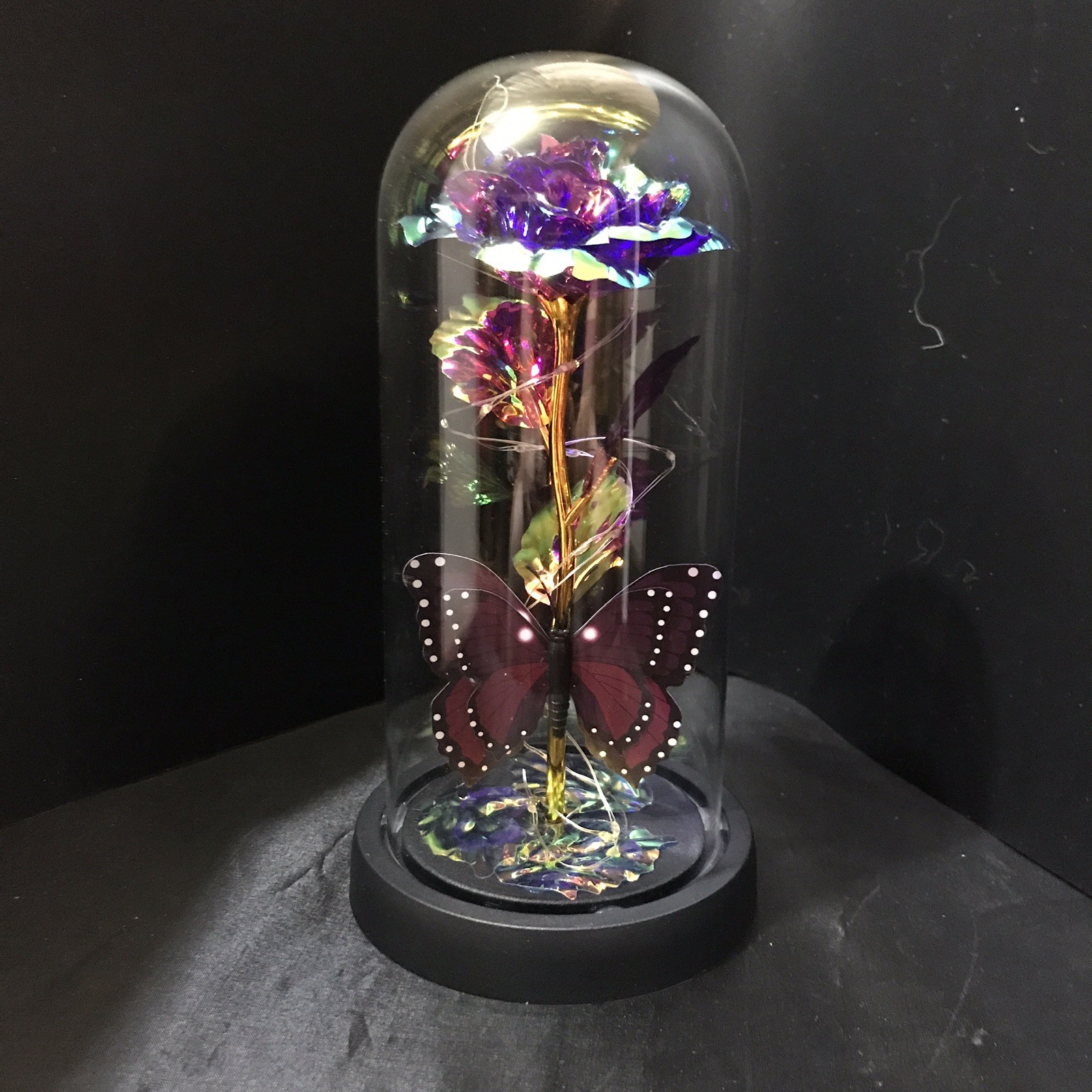 Foil Rose Flower Glass Dome LED Lights with a Butterfly Gift to a Special Person