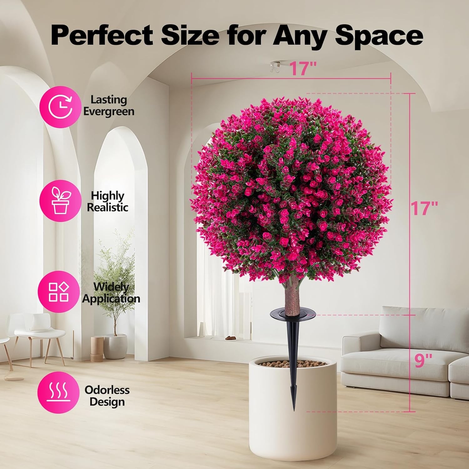 2 Set 26″ Artificial Boxwood Topiary Ball Trees with Pink Eucalyptus Accents