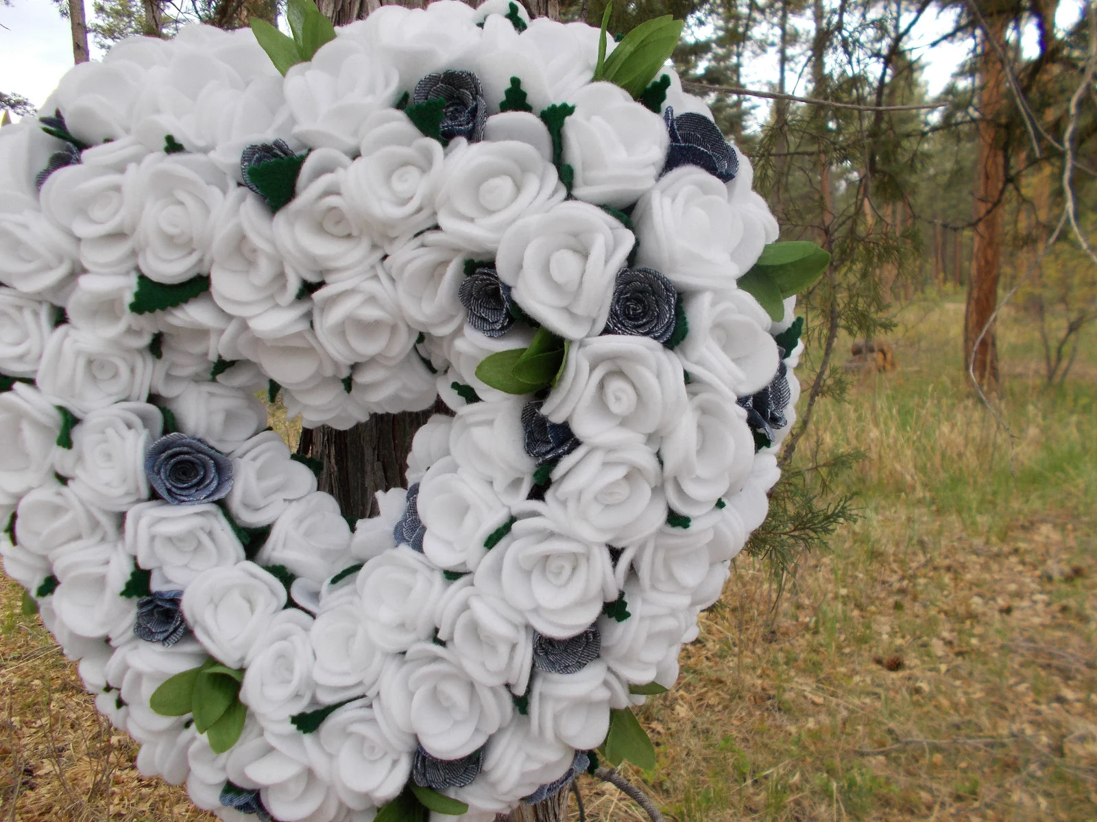 White Roses and Denim Roses Heart Shape Wall Hanging Country Barn Wedding Decor