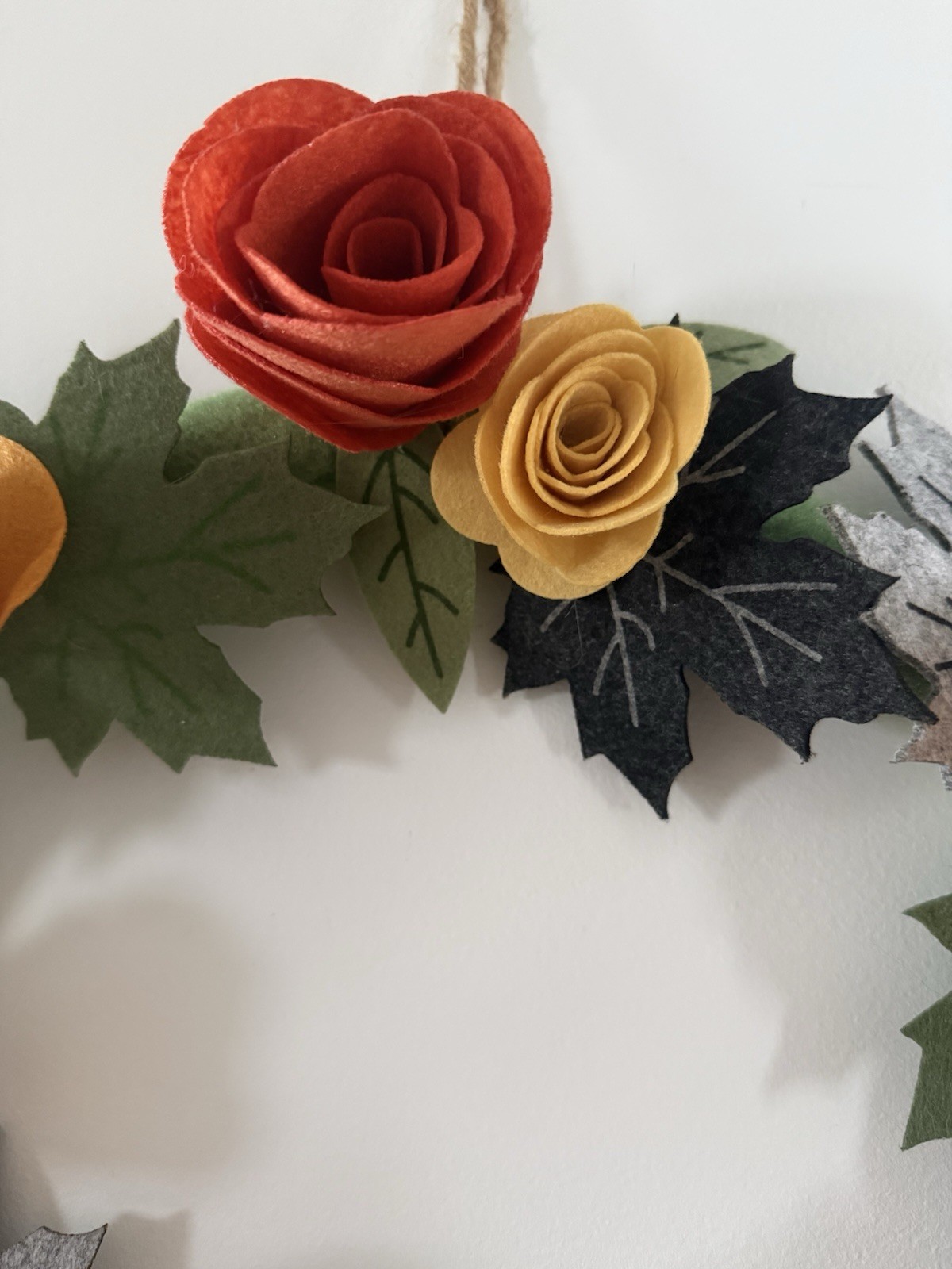 Handmade Felt Roses & Leaves Wreath Approx 18” Round Orange Yellow Peach Greens