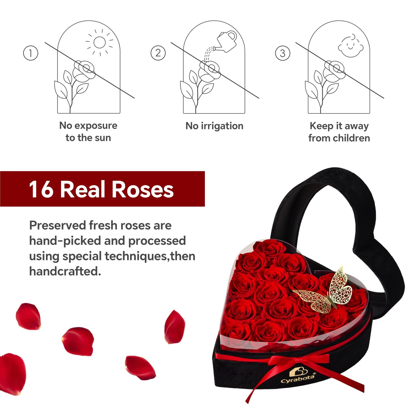 16 PCS Preserved Real Roses Heart Shape Box Forever Flowers Red