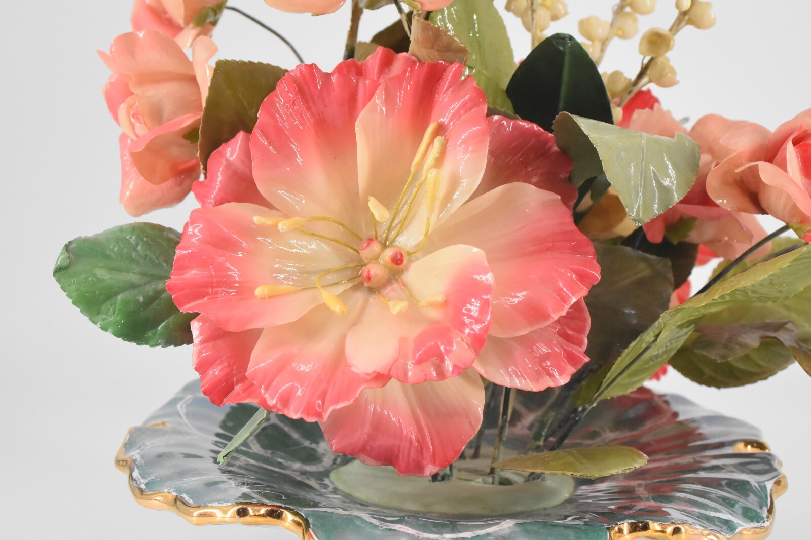 VTG Pink Flower Arrangement Centerpiece Italy Turquoise Gold Ceramic Dish 14″