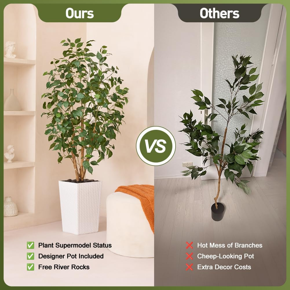 5Ft Artificial Ficus Tree,Tall Faux Tree with Pebbles & Planter UV Resistant Pot