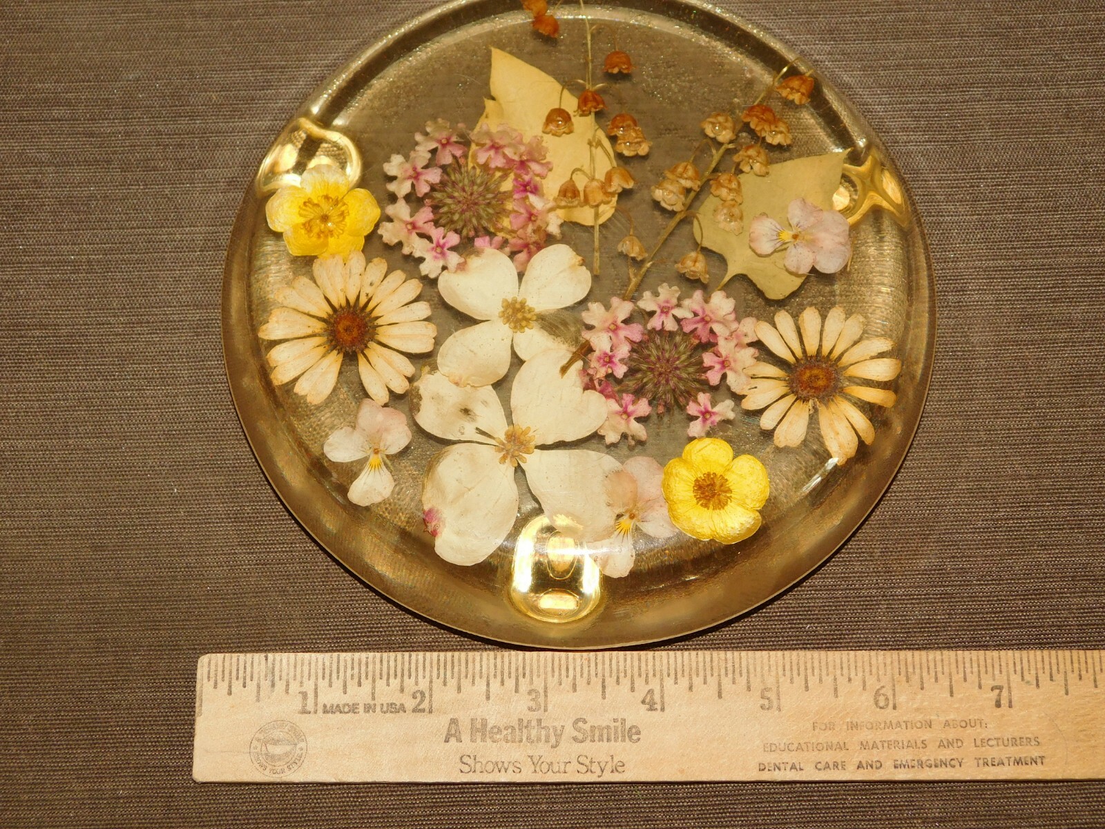 VINTAGE KITCHEN 6 1/2″ DRIED FLOWERS STEMS LEAVES CANDLE HOLDER LUCITE TRIVET