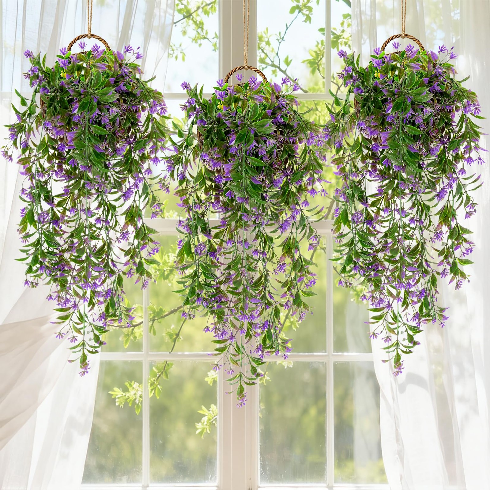3PCS Artificial Hanging Flowers UV Resistant Ivy Vines 135 Purple Outdoors
