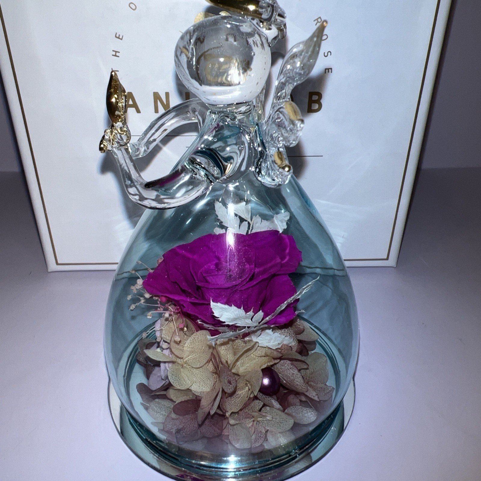 Alunob The Only Eternal Rose Last Forever Angel Blown Glass blue Gift open box